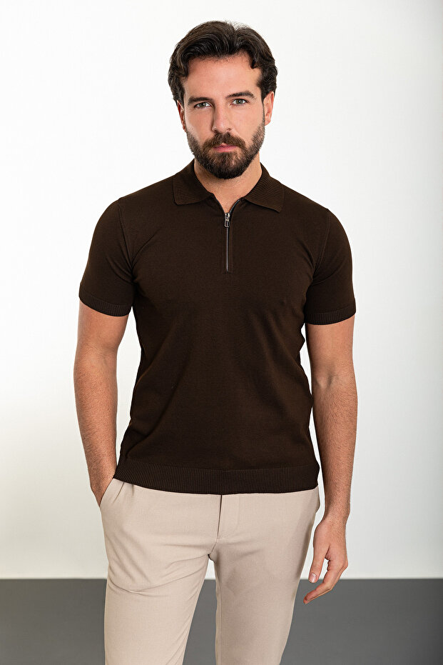 Plain Slim Fit Zippered Polo Neck Men's Knitwear T-Shirt Brown - 11471.24Y