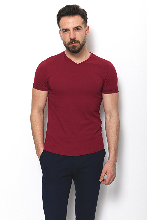 Plain Super Slim Fit V-Neck Basic Men's T-Shirt Claret Red - 36361.17Y