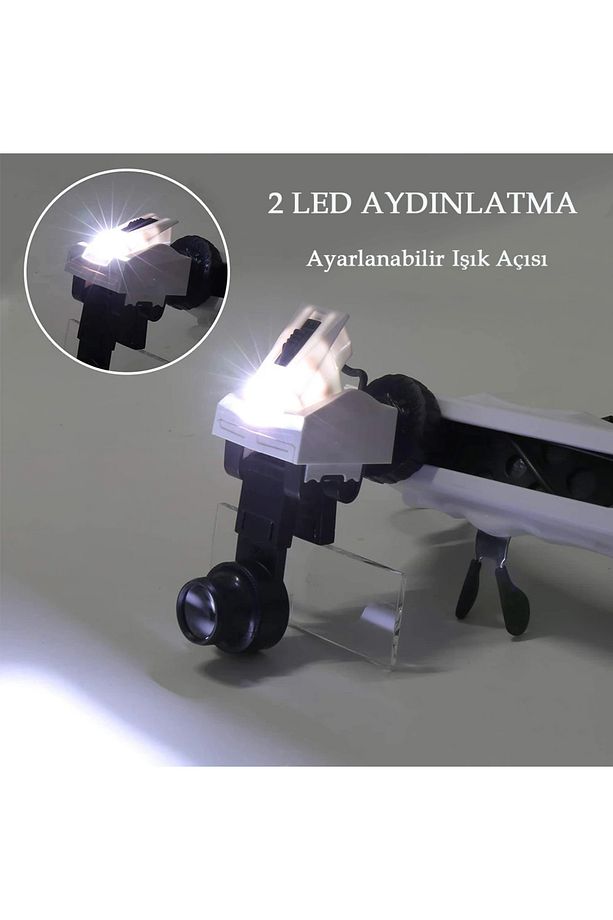 Işıklı Büyüteçli Gözlük 8 Farklı Cam Mercek Ayarlanabilir Kafa Büyüteci Lup Mercek Hareketli 2 Led - 3