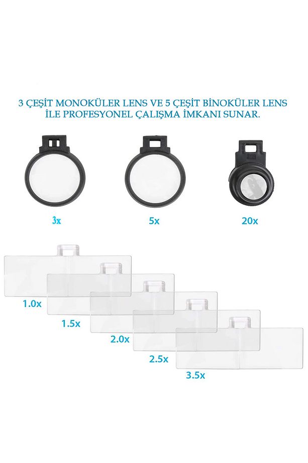 Işıklı Büyüteçli Gözlük 8 Farklı Cam Mercek Ayarlanabilir Kafa Büyüteci Lup Mercek Hareketli 2 Led - 2