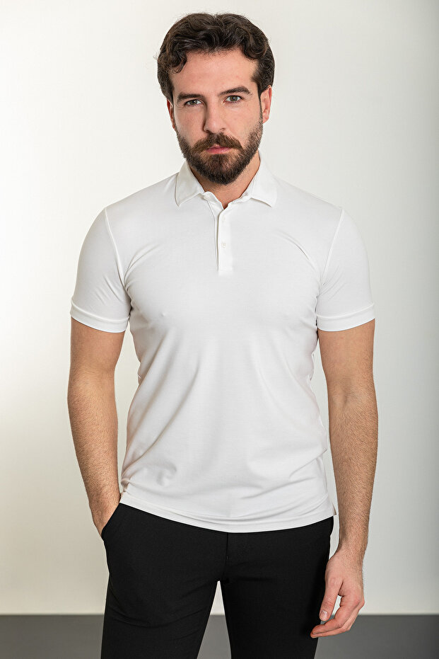 Plain Slim Fit Polo Neck Men's T-Shirt Ecru - 36827.24Y