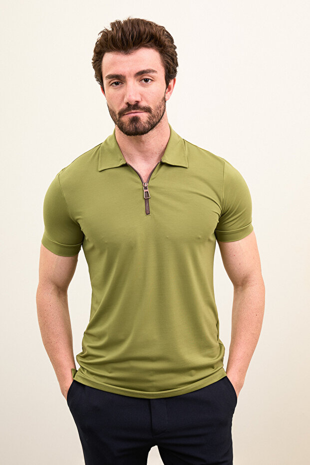 Plain Slim Fit Zippered Polo Neck Men's T-Shirt Green - 36826.24Y