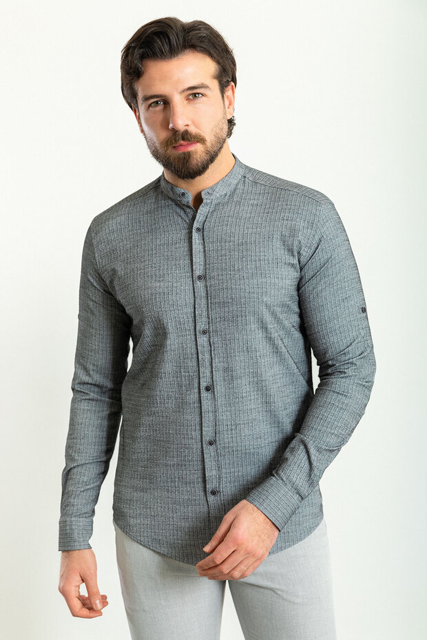 Striped Slim Fit Judge Collar Long Sleeve Cotton Men's Shirt Black - 37767.23Y