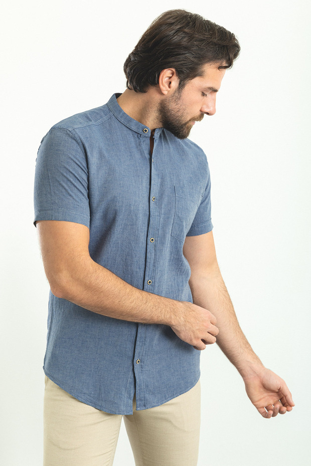 Gray Slim Fit Judge Collar Short Sleeve Linen Men's Shirt Dark Navy - 37749.23Y