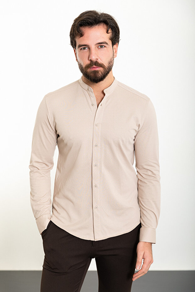 Straight Slim Fit Judge Collar Long Sleeve Men's Shirt Beige - 37901.24Y