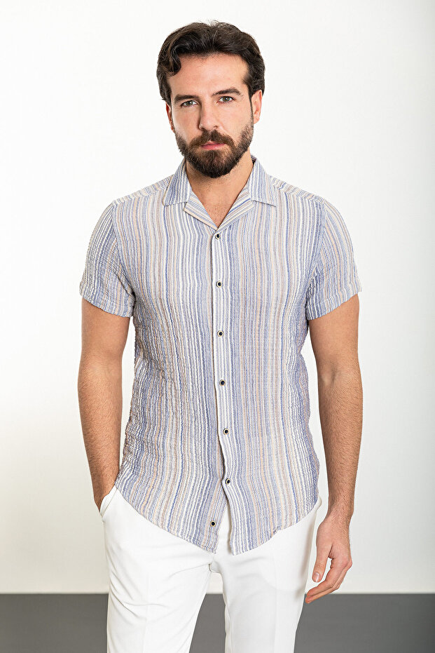 Striped Slim Fit Peacock Collar Short Sleeve Men's Shirt Navy Blue - 37900.24Y
