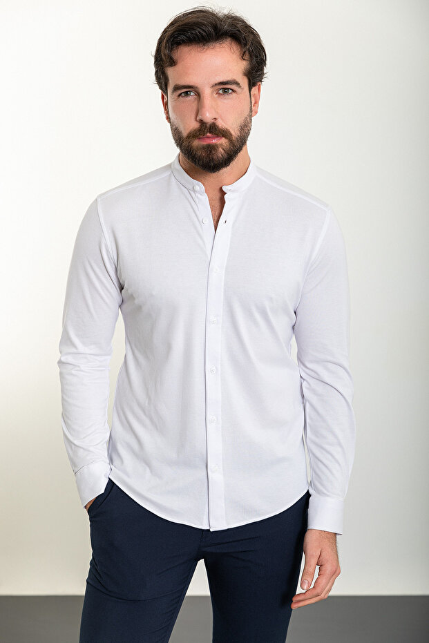 Straight Slim Fit Judge Collar Long Sleeve Men's Shirt White - 37901.24Y