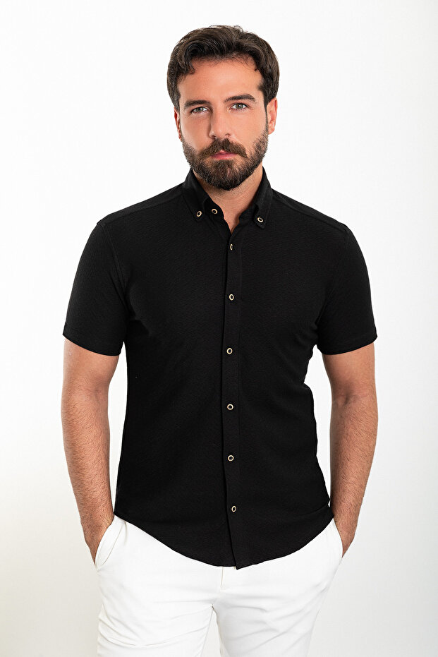 Patterned Slim Fit Short Sleeve 100% Cotton Men's Shirt Black - 37850.24Y