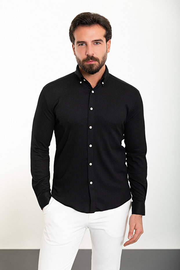 Striped Slim Fit Long Sleeve Seersucker Men's Shirt Black - 37862.24Y
