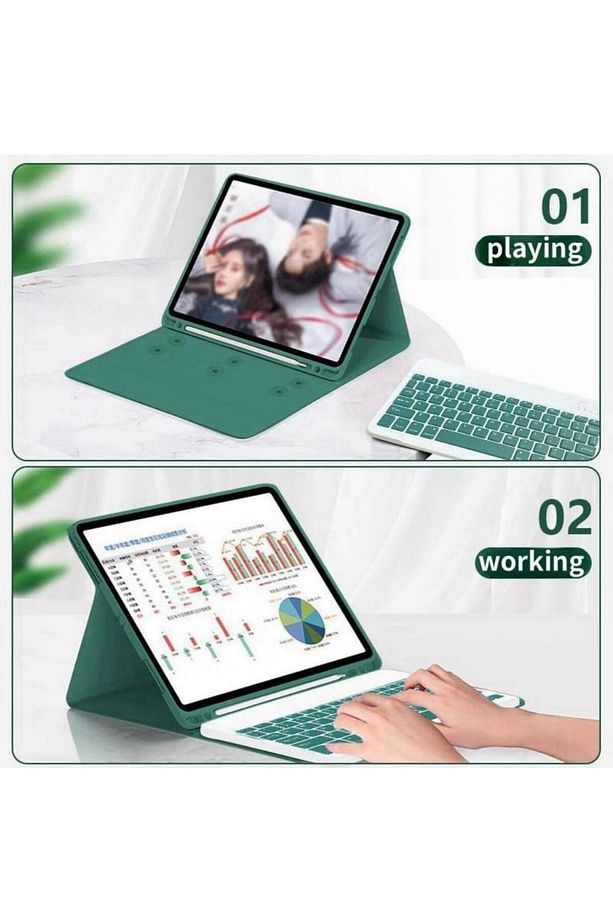 Samsung Galaxy Tab S10 Plus Tablet Kılıf Bluetooth Keyboard Klavye Akıllı Standlı Wireless Touchpad - 3