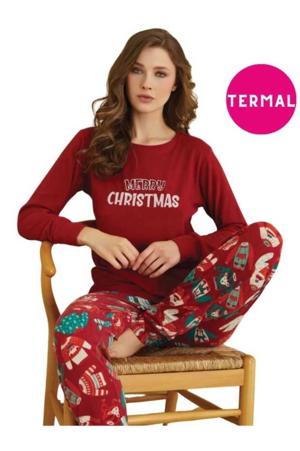 Kadın Bisiklet Yaka Düğmesiz Bilekler Lastikli/jogger Termal Cepli Kışlık Pijama Takımı - 2
