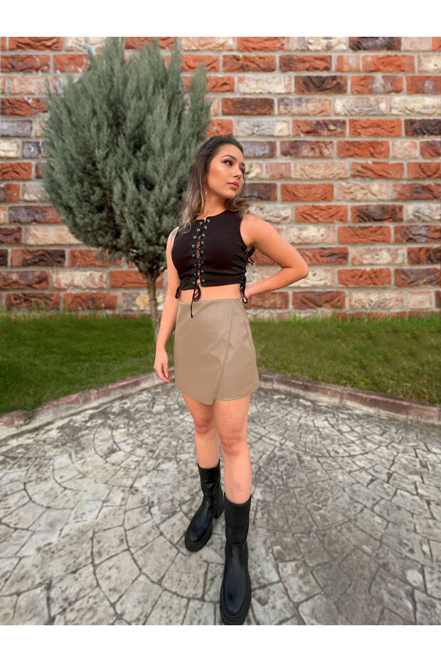Beige Faux Leather Double Breasted Ribbed Mini Shorts Skirt