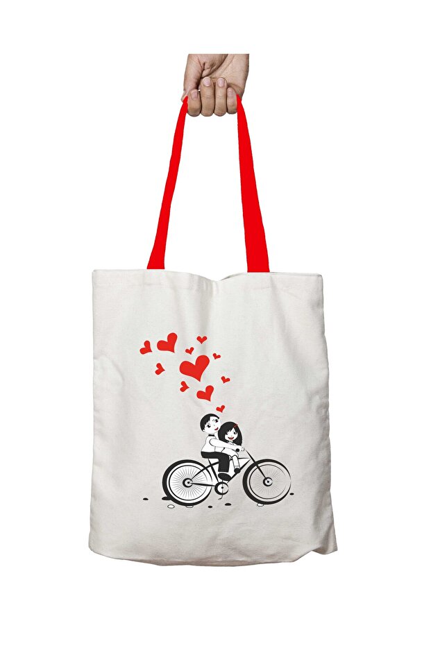 Bicycle Heart Heart Washable Shoulder Bag with Red Handles