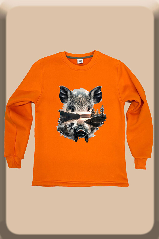 Hunting Hunting Wilderness Pig Printed Cotton Regular Fit Crew Neck Orange Sweatshirt