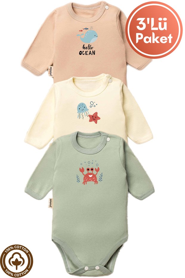 Unisex 100% Organic Cotton Hello Ocean Printed 3-6-9-12 Months 3-Piece Long Sleeve Baby Bodysuit
