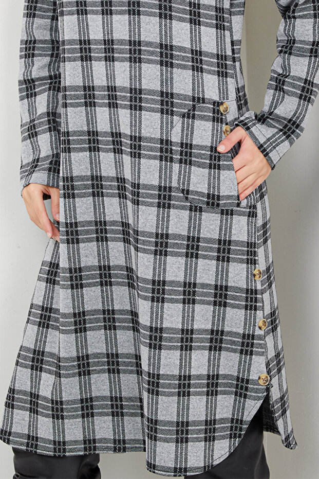 Gray Plaid Tunic - Accessory Buttoned, Model 2004Brz981-M - 5