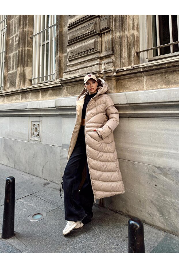 Hooded Pattern Detailed Long Puffer Jacket Stone 6669