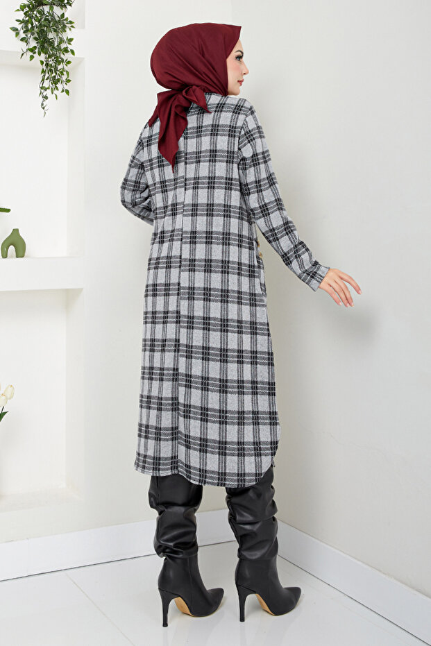 Gray Plaid Tunic - Accessory Buttoned, Model 2004Brz981-M - 6
