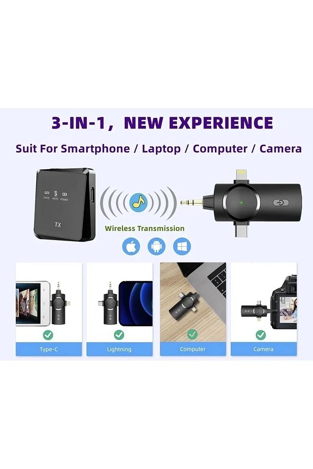 Type-C iPhone Çiftli Kablosuz Yaka Mikrofonu 3in1 Kamera PC Android iOS Uyumlu - 5