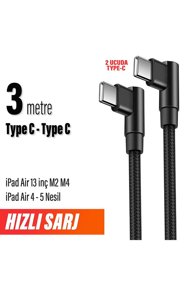 iPad Air 13 inç M2 M4 iPad Air 4 - 5 Nesil Şarj Kablosu Uzun 3 metre Type C to Type C Hızlı Şarj - 1