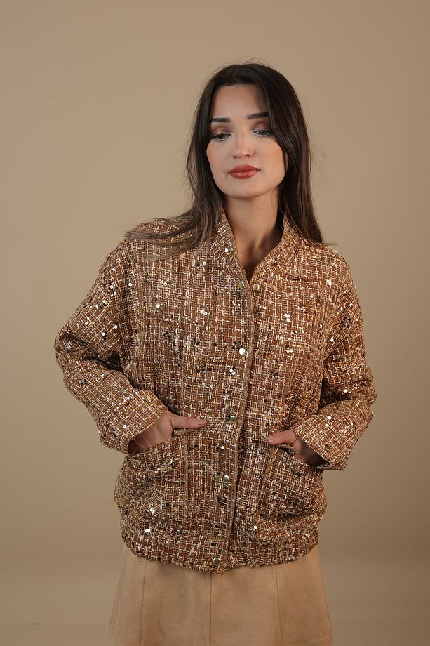 Pullu  Kahve Gold Ceket Mont - 4