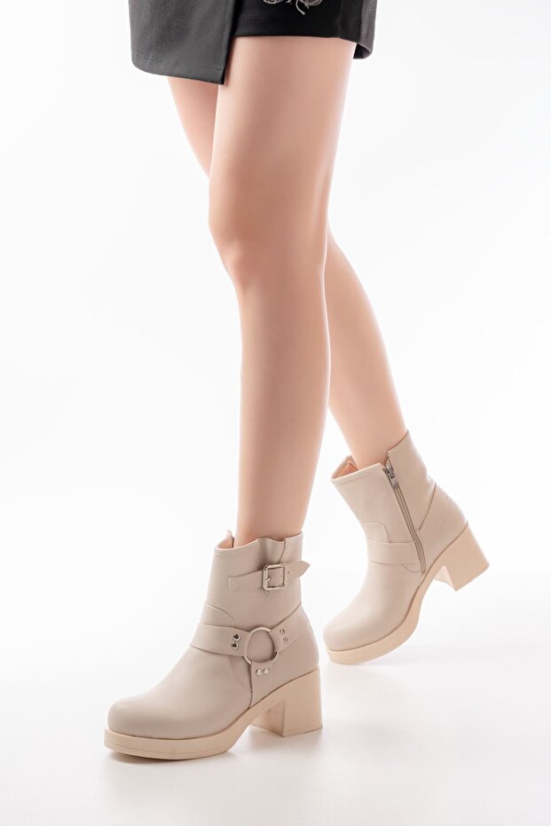 5109-3042 Beige Buckle Accessory Zippered Thick Heeled Daily Women's Boots