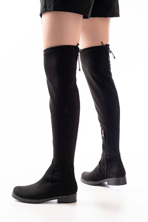165-Stretch Black Suede Over-The-Knee Zippered Daily Women's Boots