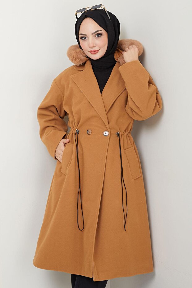 Hooded Drawstring Waist Cashmere Coat Brown Hm2604