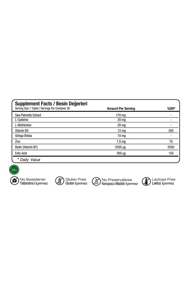Biotin 2500 Mcg, Çinko, Vitamin B5/b9, L-cysteine, L-methionine Saç Ve Tırnak Vitamini 30 Tablet - 4