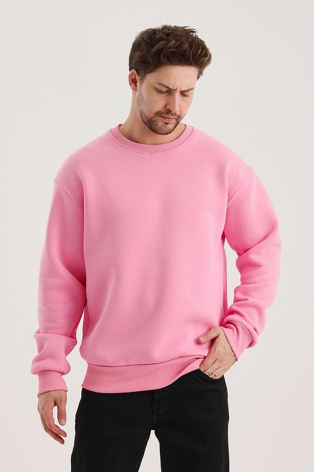 Pembe Bisiklet Yaka Oversize Şardonlu Basic Erkek Sweatshirt - 3