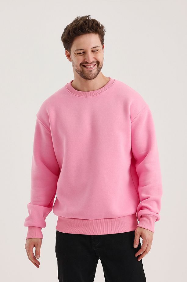 Pembe Bisiklet Yaka Oversize Şardonlu Basic Erkek Sweatshirt - 5