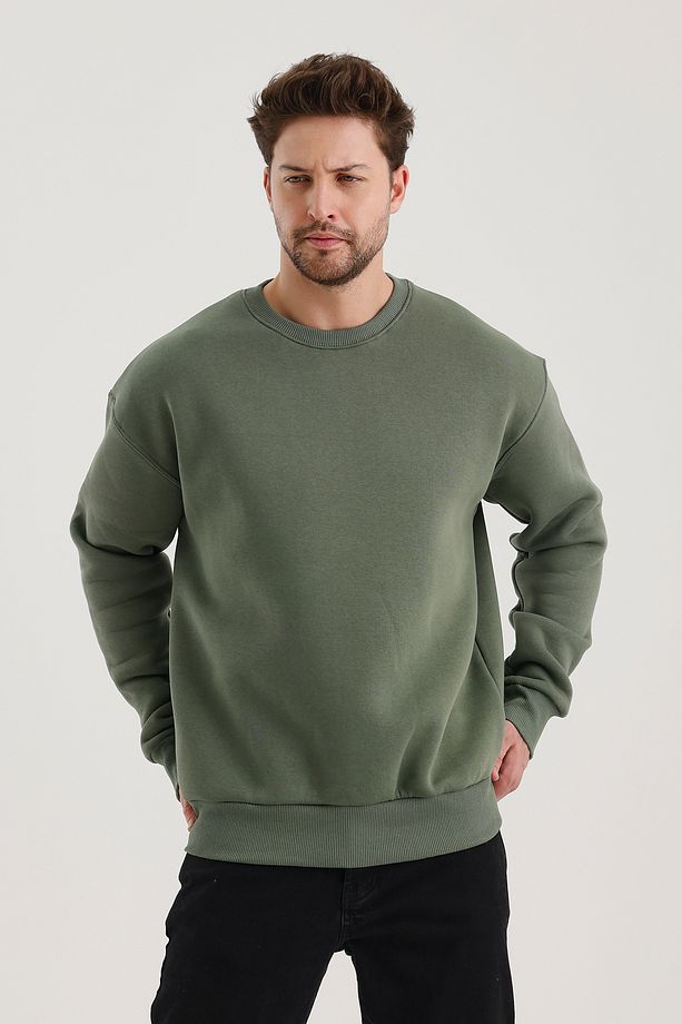 Haki Bisiklet Yaka Oversize Şardonlu Basic Erkek Sweatshirt - 5