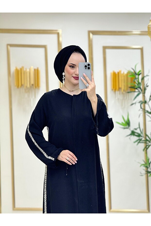 Simli Şerit Detaylı Dubai İpeği Ferace - 2