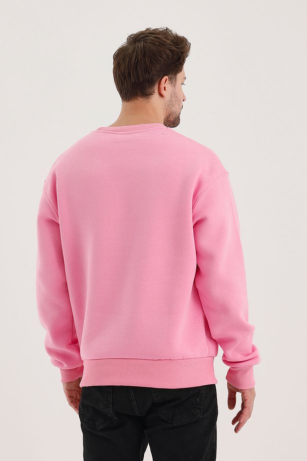 Pembe Bisiklet Yaka Oversize Şardonlu Basic Erkek Sweatshirt - 7