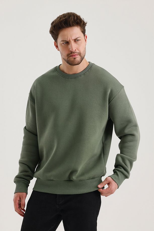 Haki Bisiklet Yaka Oversize Şardonlu Basic Erkek Sweatshirt - 1