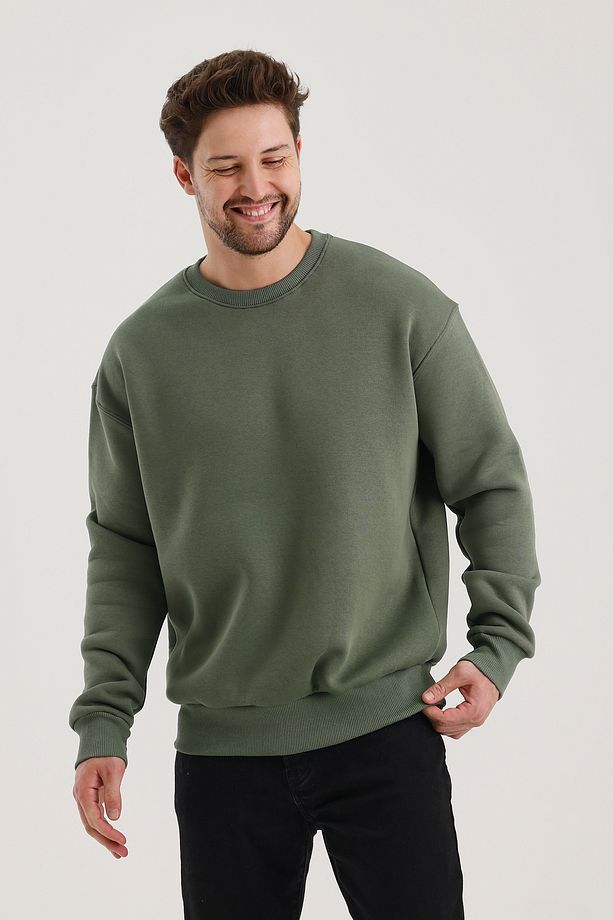 Haki Bisiklet Yaka Oversize Şardonlu Basic Erkek Sweatshirt - 3