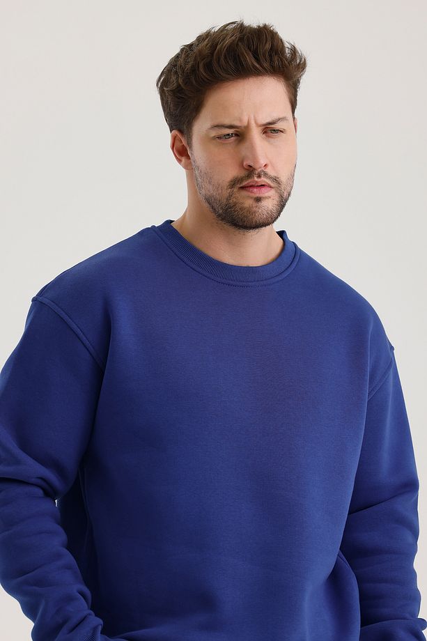 Saks Pamuklu Bisiklet Yaka Oversize Şardonlu Basic Erkek Sweatshirt - 7