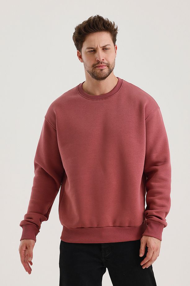 Gül Kurusu Bisiklet Yaka Oversize Şardonlu Basic Erkek Sweatshirt - 2
