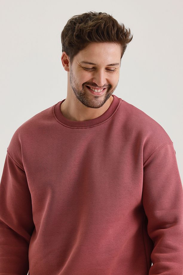 Gül Kurusu Bisiklet Yaka Oversize Şardonlu Basic Erkek Sweatshirt - 3