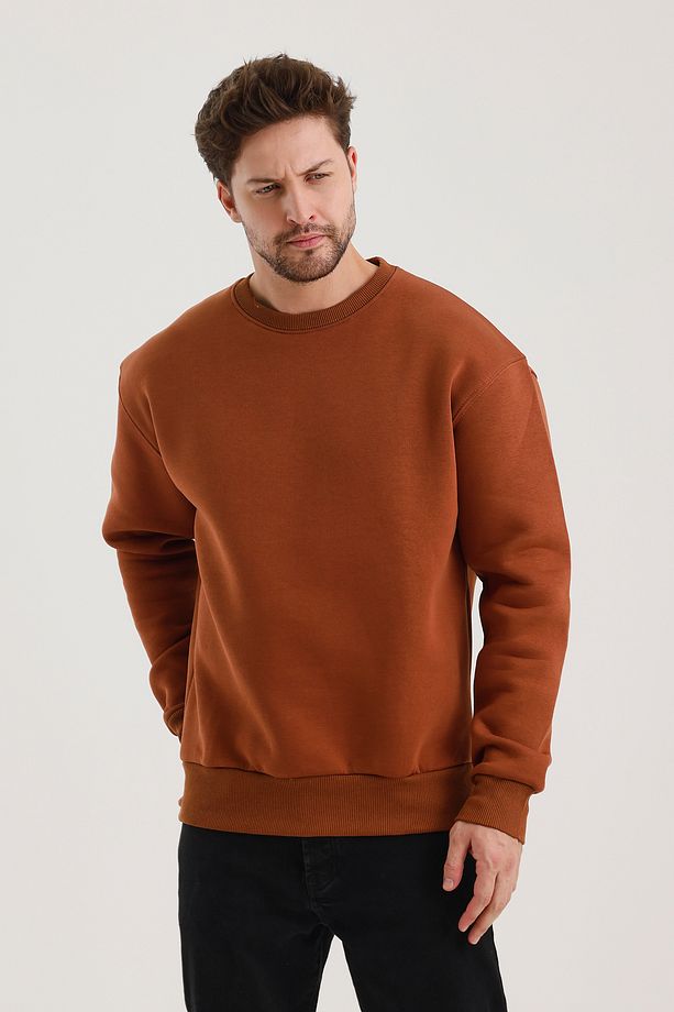 Tarçın Bisiklet Yaka Oversize Şardonlu Basic Erkek Sweatshirt - 2