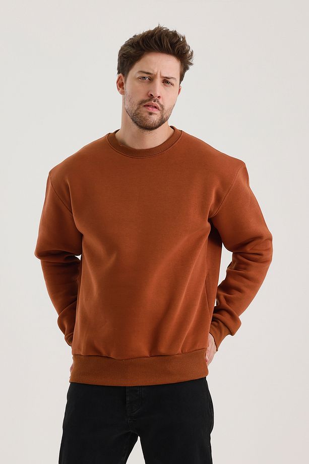 Tarçın Bisiklet Yaka Oversize Şardonlu Basic Erkek Sweatshirt - 3