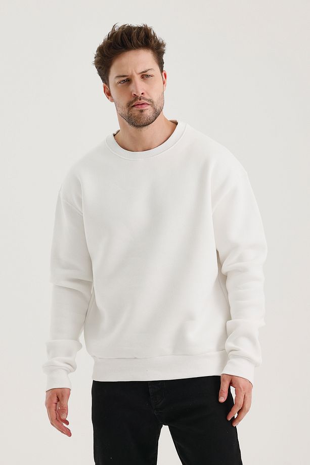 Ekru Bisiklet Yaka Oversize Şardonlu Basic Erkek Sweatshirt - 3