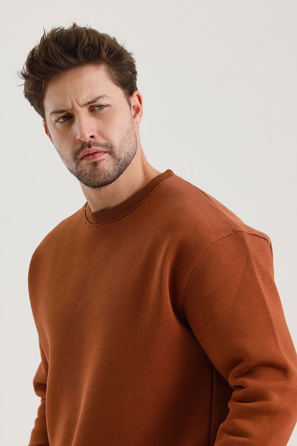 Tarçın Bisiklet Yaka Oversize Şardonlu Basic Erkek Sweatshirt - 6