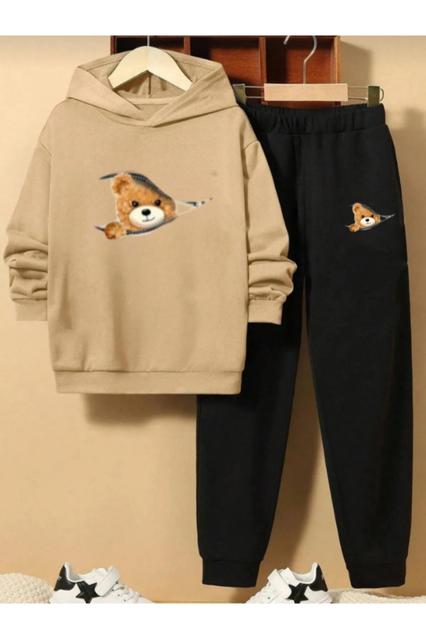 Zippered Teddy Bear Printed Children's Tracksuit Set