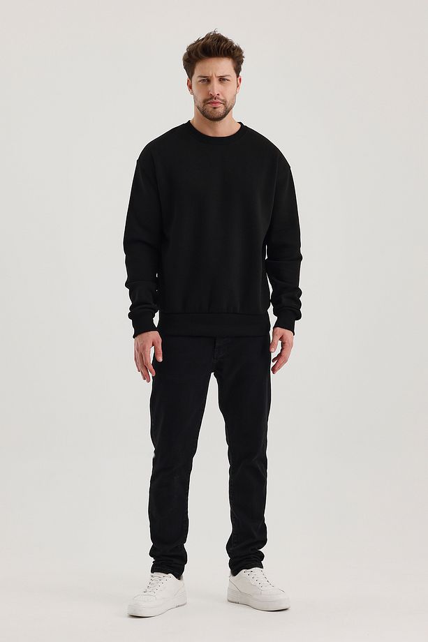 Siyah Bisiklet Yaka Oversize Şardonlu Basic Erkek Sweatshirt - 8