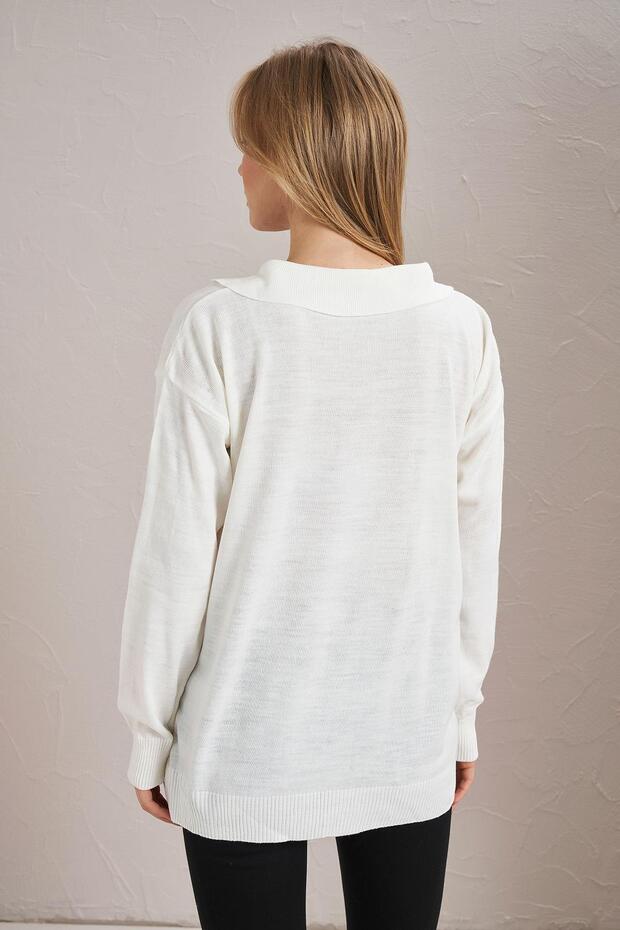 Kadın Ekru Gömlek Yaka Basic Triko Kazak - 5