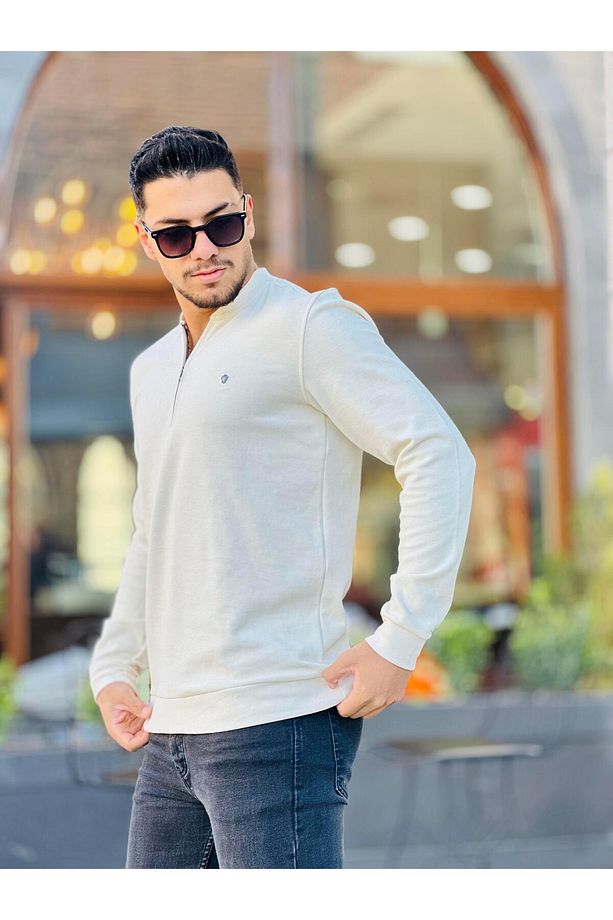 Yarım Fermuarlı Kolej Yaka Sweatshirt Regular Fit-ekru- 2317 - 4