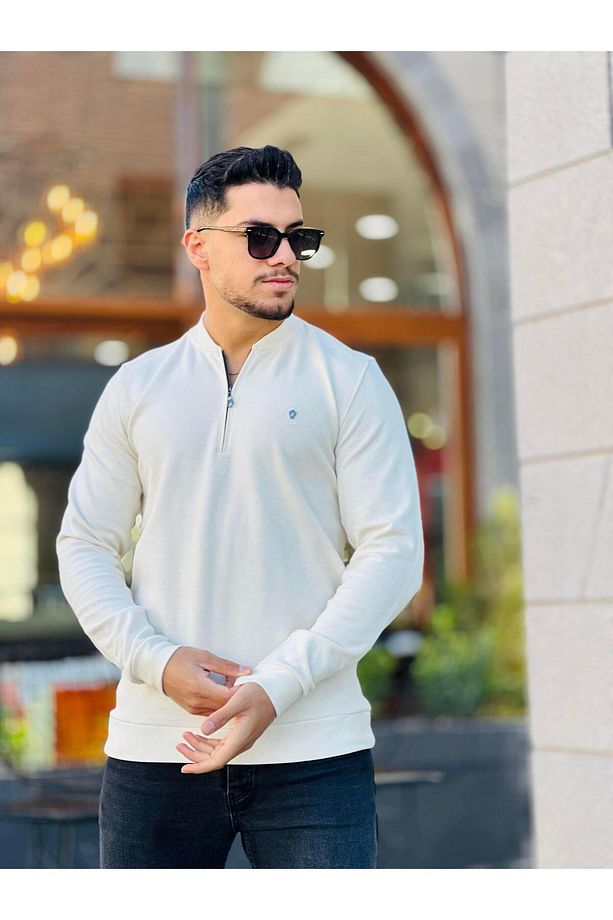 Yarım Fermuarlı Kolej Yaka Sweatshirt Regular Fit-ekru- 2317 - 2