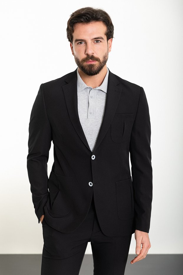 Straight Slim Fit Bag Pocket Mono Collar Sports Men's Suit Black - 45231.23Y
