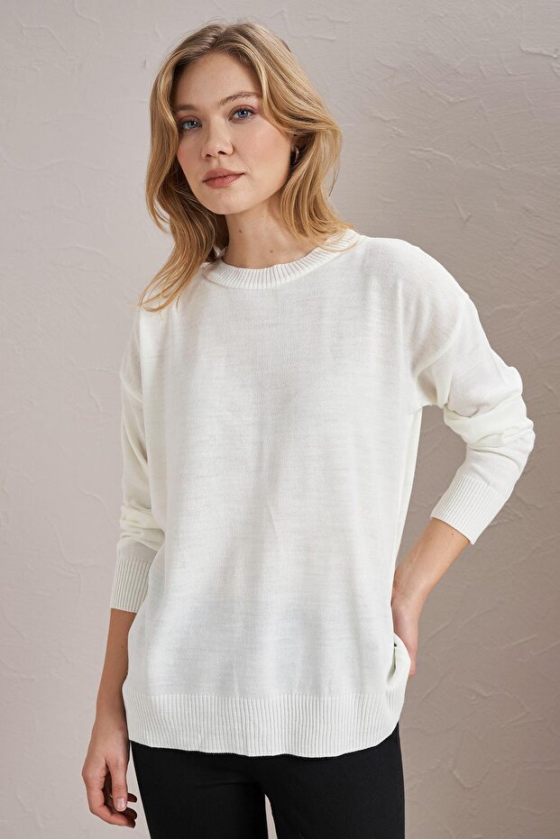 Kadın Ekru Bisiklet Yaka Basic Triko Kazak - 3